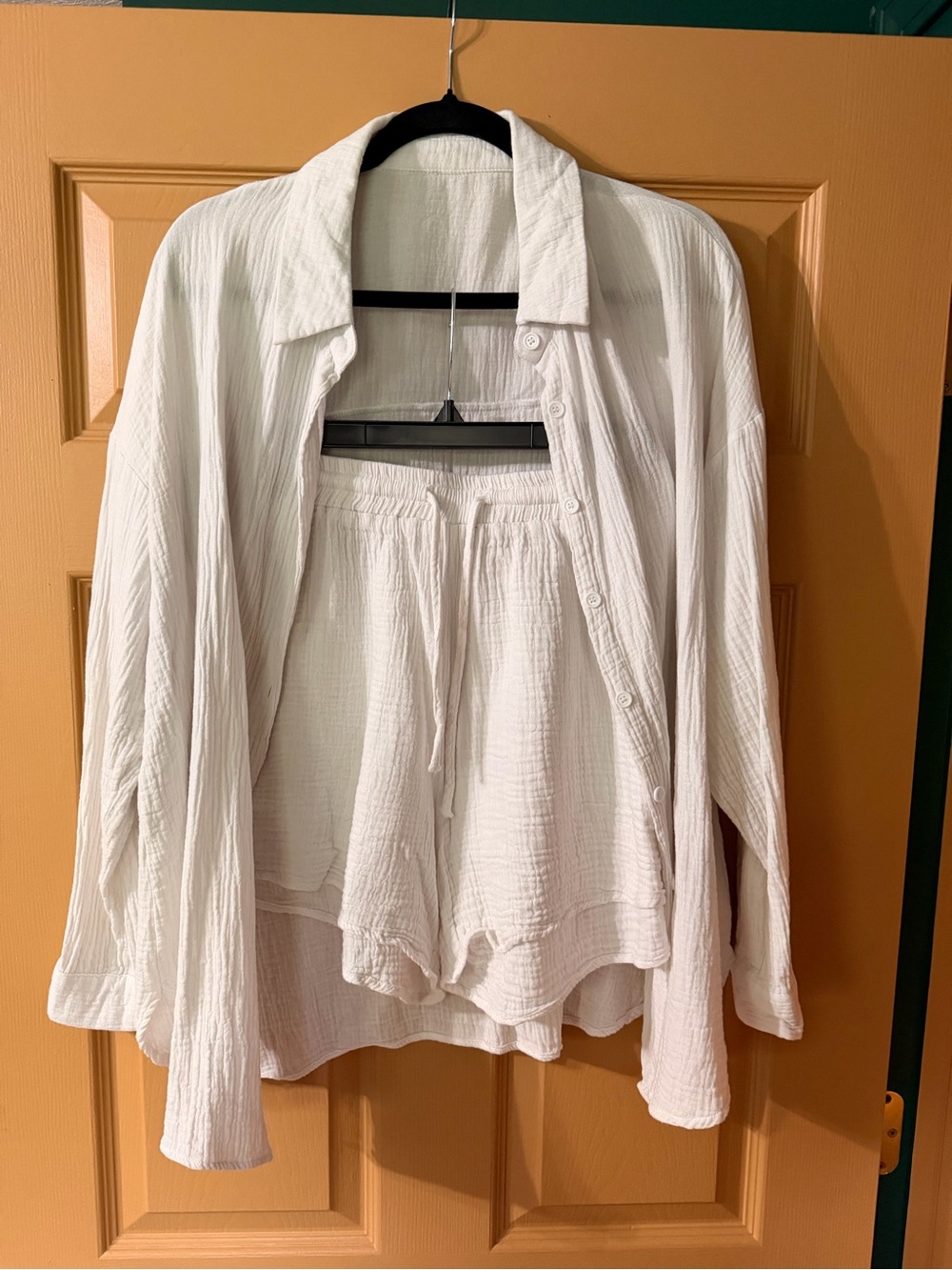 Amazon White Women's Gauze Button-Down Shirt and Drawstring Shorts Set